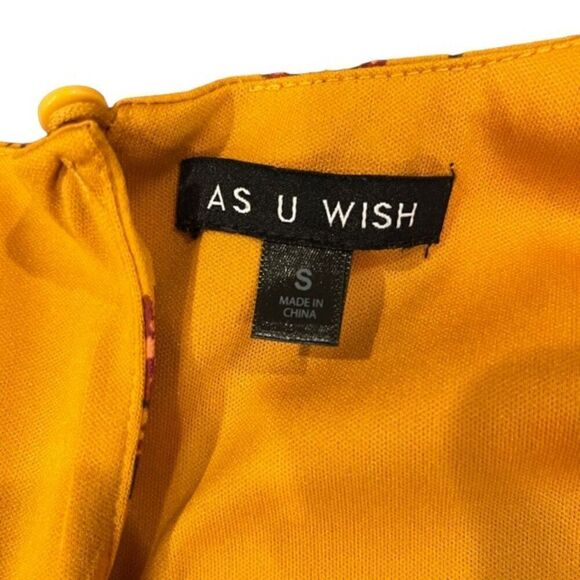 As U Wish Mustard Floral Dress Split Bell Sleeves Lined Women's Size Small - Picture 5 of 10